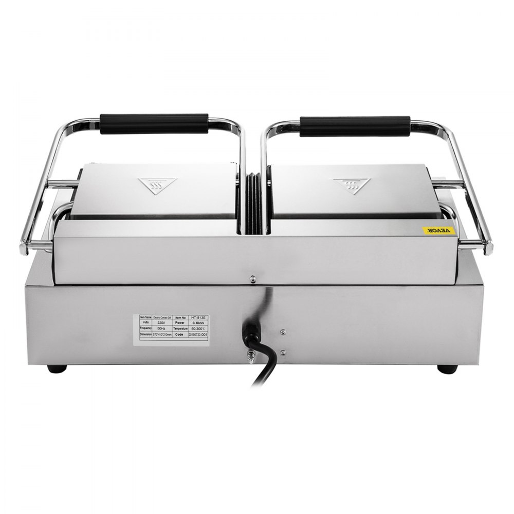 VEVOR Commercial Sandwich Panini Press Grill,110V 2x1800W Double Up Grooved and Down Flat Plates Electric Stainless Steel Sandwich Maker,Temperature Control 122°F-572°F for Hamburgers Steaks Bacons