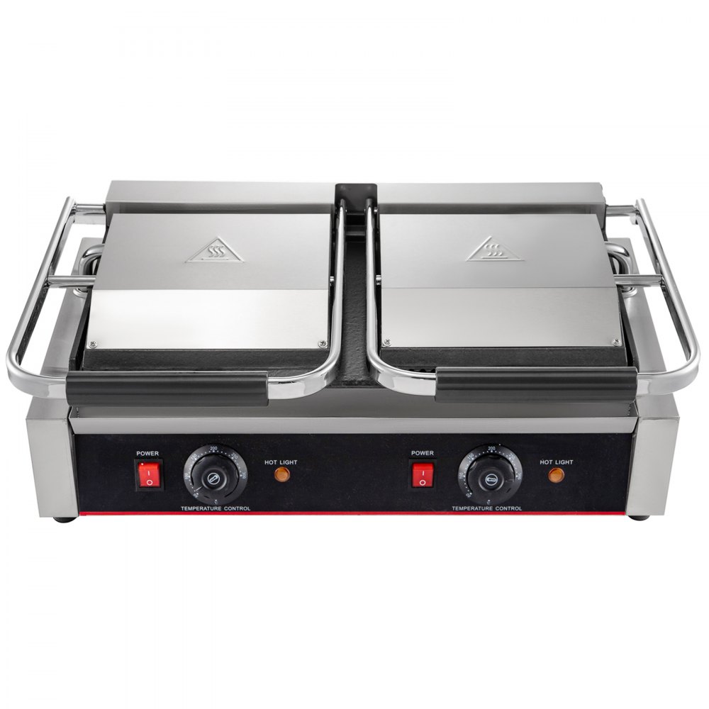 VEVOR Commercial Sandwich Panini Press Grill,110V 2x1800W Double Up Grooved and Down Flat Plates Electric Stainless Steel Sandwich Maker,Temperature Control 122°F-572°F for Hamburgers Steaks Bacons