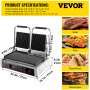 VEVOR Commercial Sandwich Panini Press Grill,110V 2x1800W Double Up Grooved and Down Flat Plates Electric Stainless Steel Sandwich Maker,Temperature Control 122°F-572°F for Hamburgers Steaks Bacons