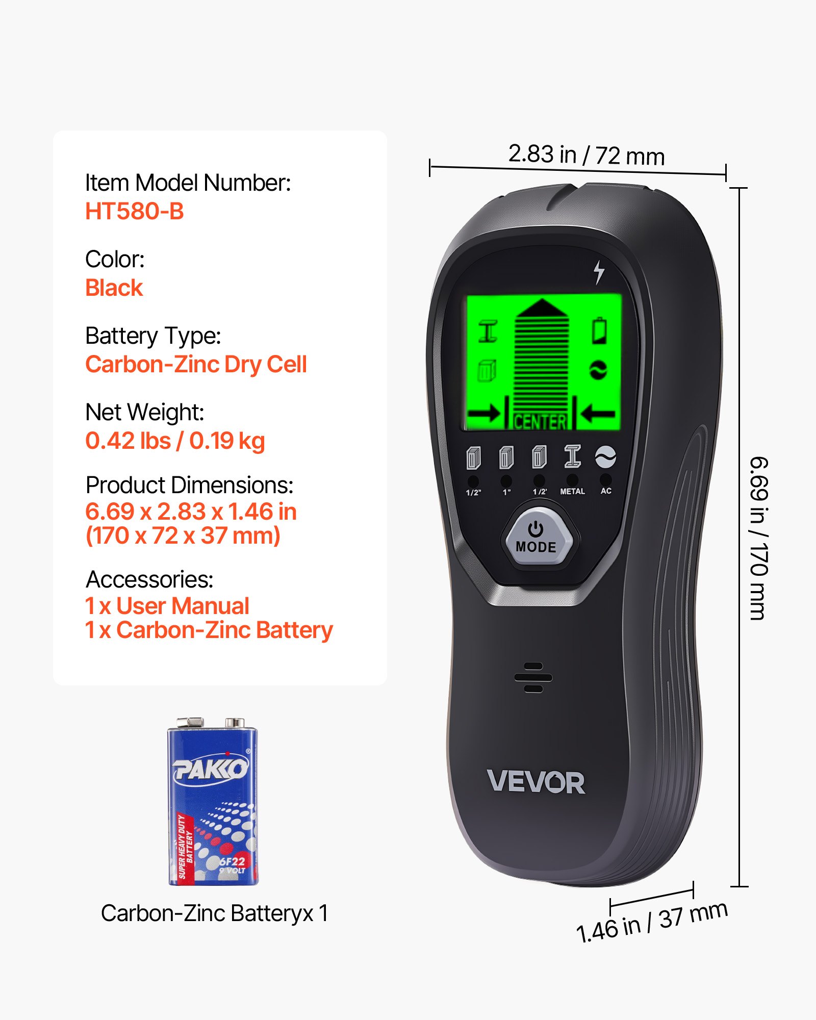 VEVOR Vyhledávač stěnových trámů, 5 v 1, elektronický detektor stěnových trámů s inteligentním senzorem, LCD displejem s vysokým rozlišením a zvukovým alarmem, pro střed a okraj kovu, AC dráty, trámy, trubky, černý