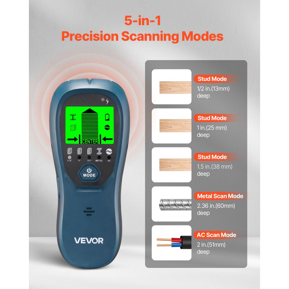VEVOR Stud Finder Wall Scanner, 5 em 1, detector eletrônico de vigas de parede com sensor inteligente, visor LCD de alta definição e alarme sonoro, para o centro e a borda de metal, fios CA, vigas, tubos, azul
