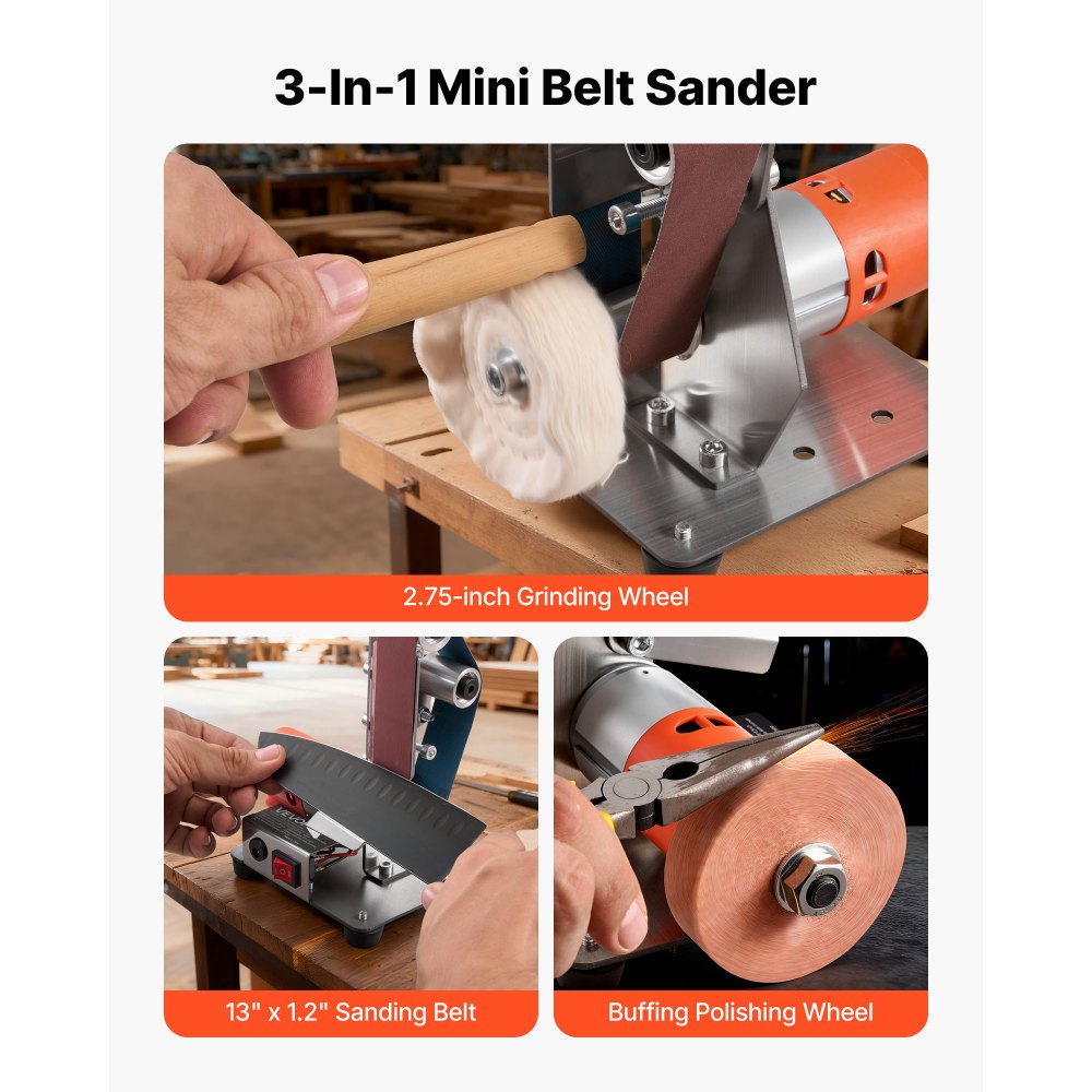 VEVOR 3-in-1 Mini Belt Sander, 13" x 1.2" Sanding Belt, 2.75" Grinding & Polishing Wheel Combo, 7-Speed Adjustable with Forward/Reverse Control for Woodworking, Jewelry Making, Knife Sharpening