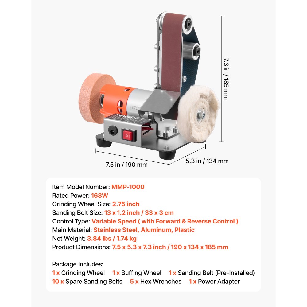 VEVOR 3-in-1 Mini Belt Sander, 13" x 1.2" Sanding Belt, 2.75" Grinding & Polishing Wheel Combo, 7-Speed Adjustable with Forward/Reverse Control for Woodworking, Jewelry Making, Knife Sharpening