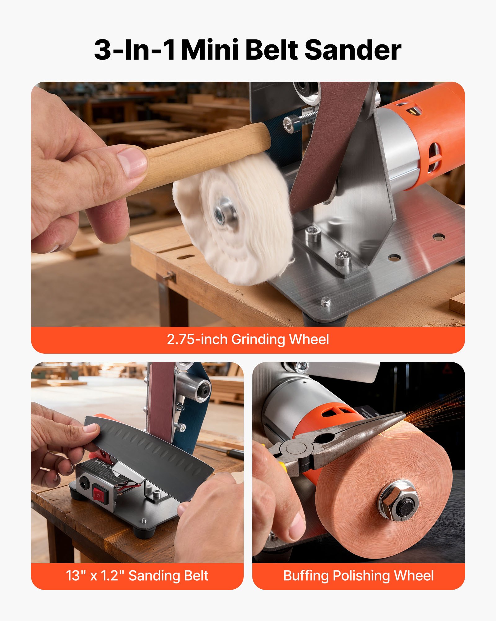 VEVOR 3-in-1 Mini Belt Sander, 13" x 1.2" Sanding Belt, 2.75" Grinding & Polishing Wheel Combo, 7-Speed Adjustable with Forward/Reverse Control for Woodworking, Jewelry Making, Knife Sharpening