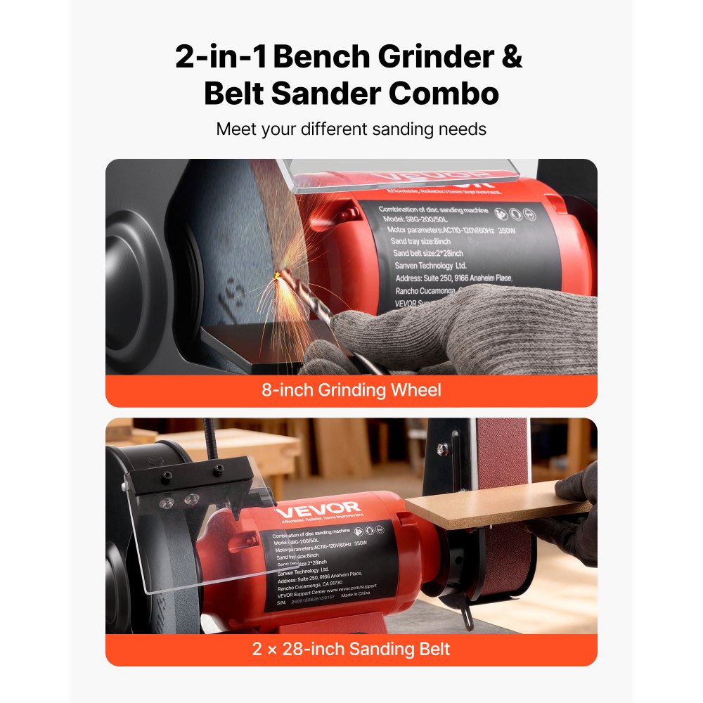 VEVOR 8" Bench Grinder & 2" x 28" Belt Sander Combo, 350W Professional Grinding Sanding Machine with LED Work Light & Protective Eye Shield for Metalworking, Woodworking, Knife Sharpening