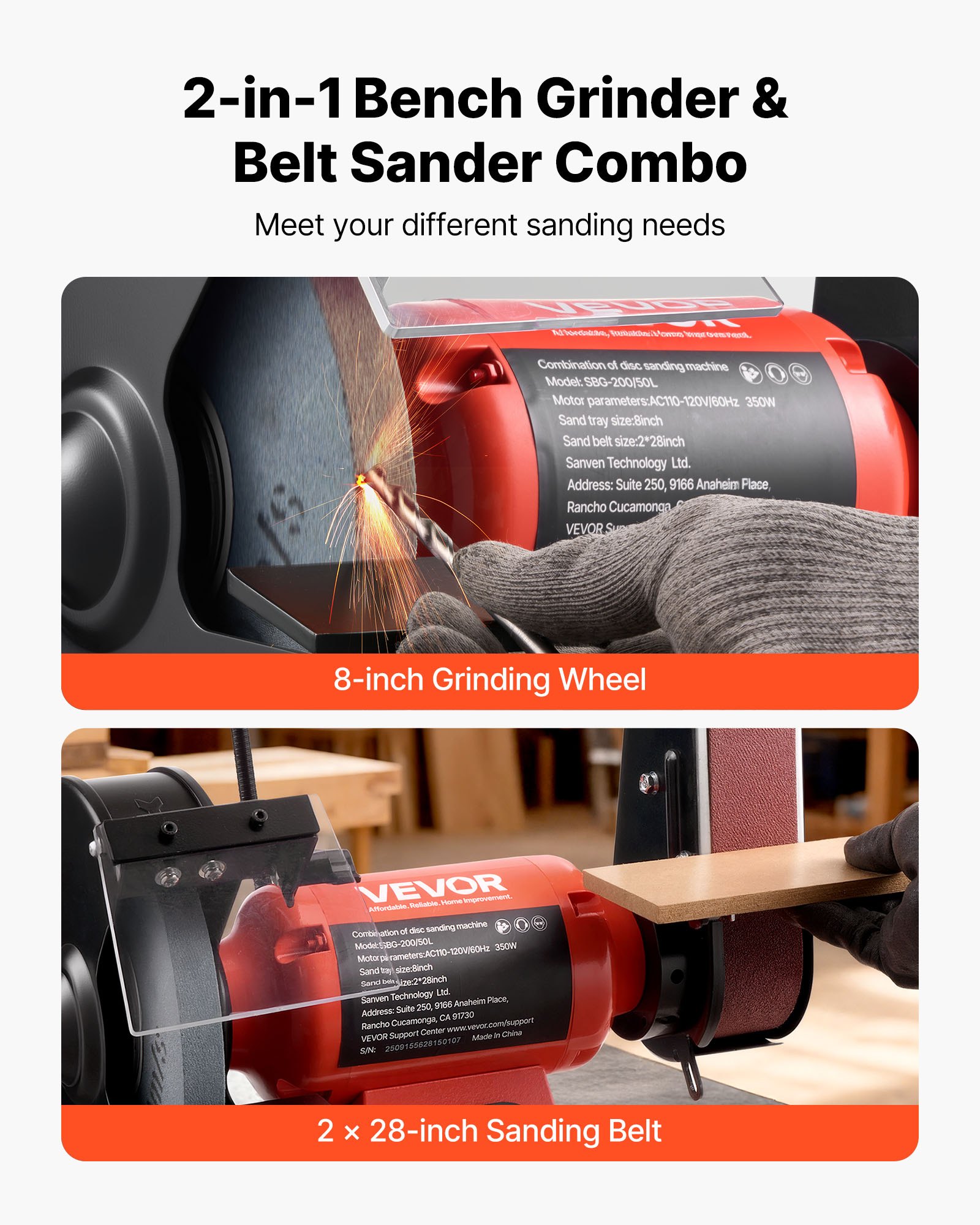 VEVOR 8" Bench Grinder & 2" x 28" Belt Sander Combo, 350W Professional Grinding Sanding Machine with LED Work Light & Protective Eye Shield for Metalworking, Woodworking, Knife Sharpening