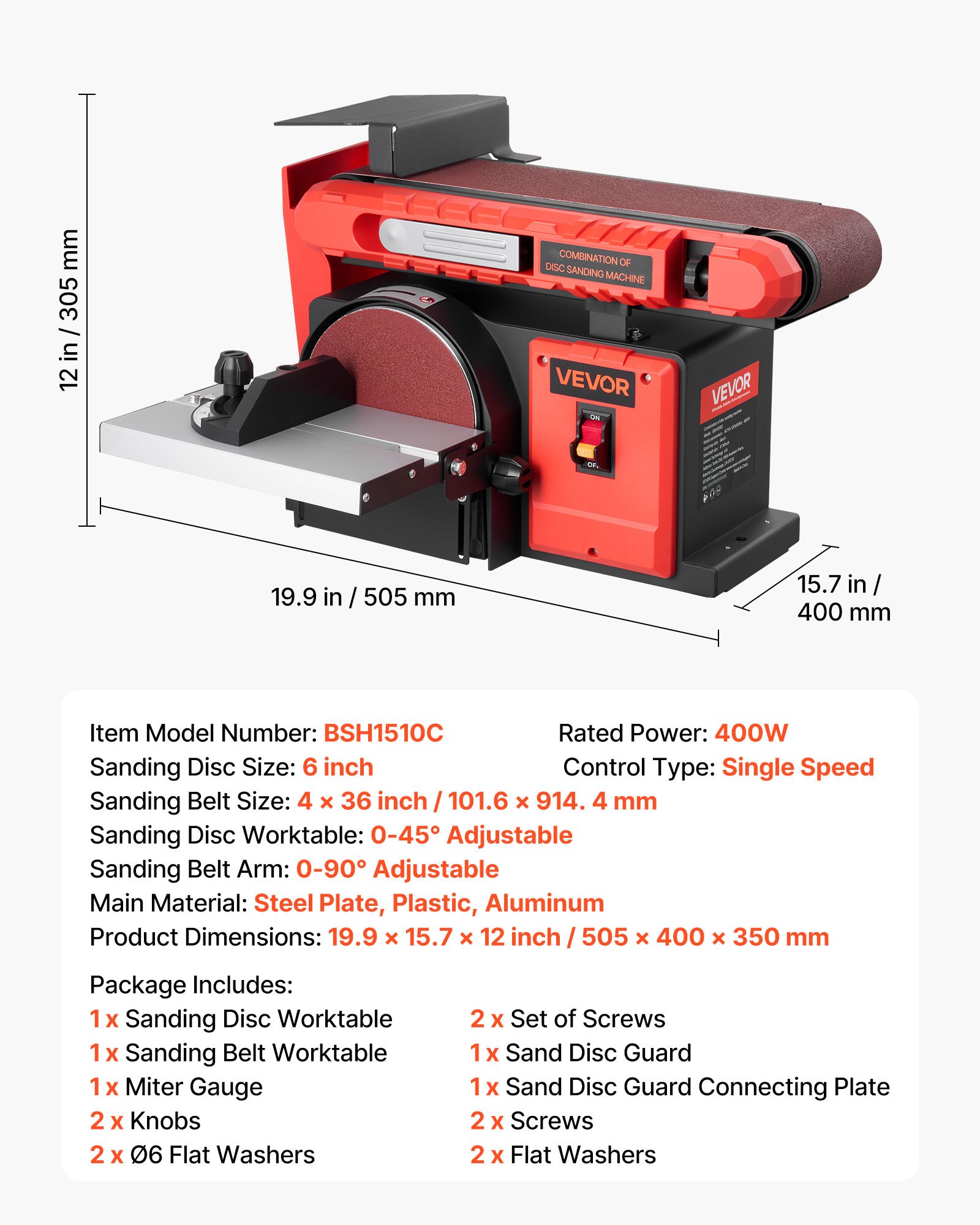 VEVOR 152.4mm Disc Sander & 101.6mm x 914.4mm Belt Sander, 400W Professional Belt Disc Sanders Combo with 0 - 45° Adjustable Worktable, Dust Collection Port for Woodworking & DIY Crafting