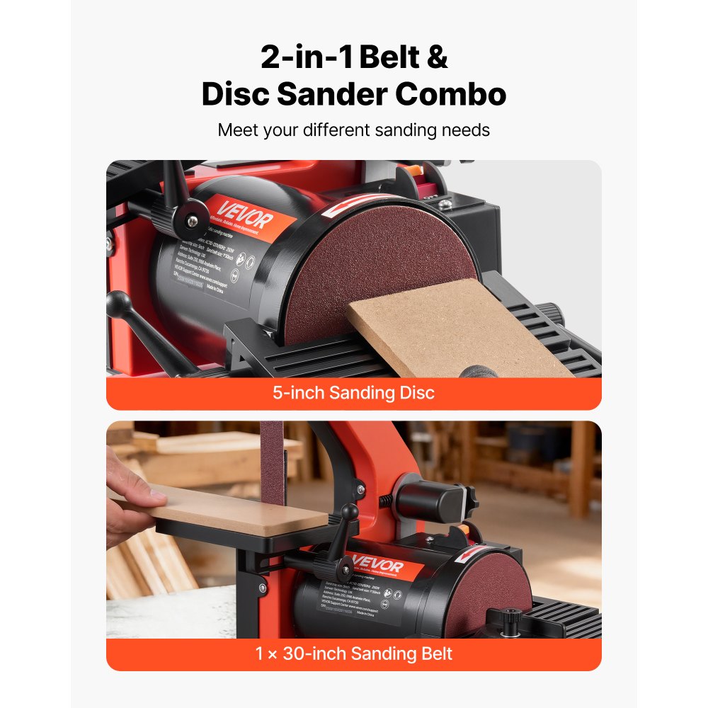 VEVOR 5" Disc Sander & 1" x 30" Belt Sander, 250W Benchtop Belt Disc Sanders Combo with 0 - 45° Adjustable Worktable & Dust Collection Ports for Woodworking, Furniture Refinishing, DIY Crafting