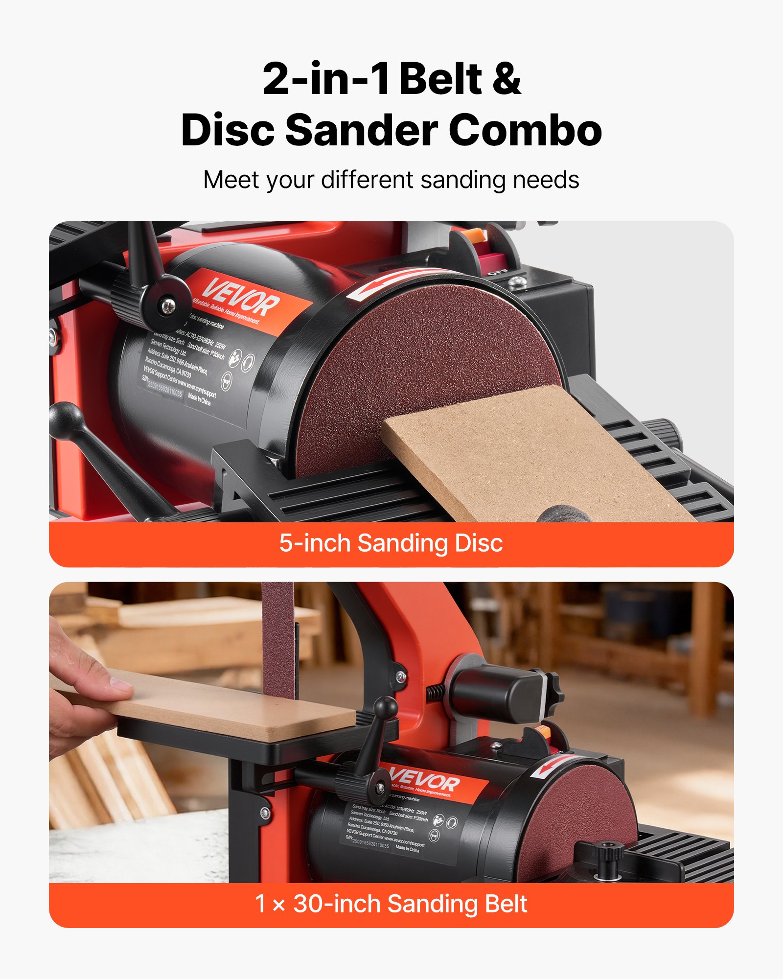 VEVOR 125mm Disc Sander & 25mm x 762mm Belt Sander, 250W Benchtop Belt Disc Sanders Combo with 0–45° Adjustable Worktable & Dust Collection Port for Woodworking, Furniture Refinishing, DIY Crafting