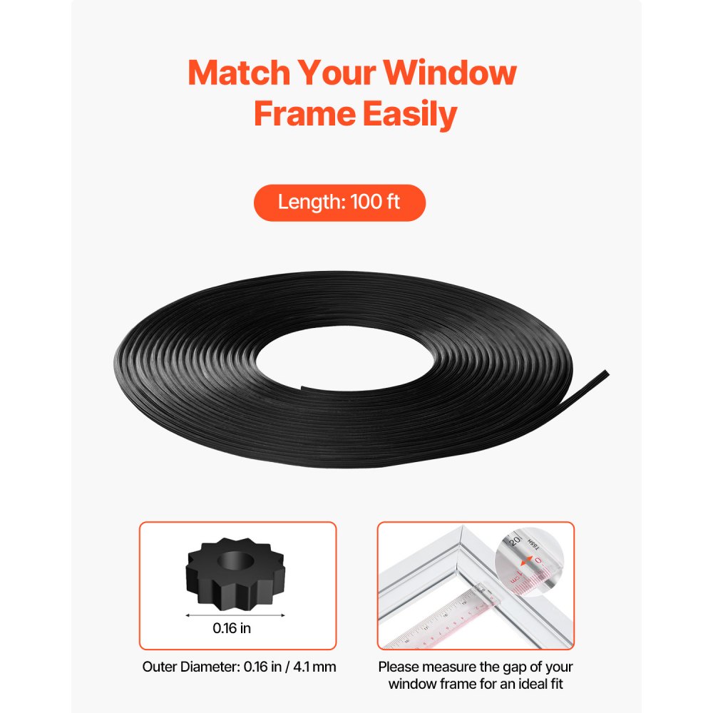 VEVOR Window Screen Spline, 100 ft x 0.16 in Window Screen Retainer Spline, PVC Window and Door Screen Spline, Hollow Serrated Screen Holder Spline, for Window Door Screen Repair and Replacement