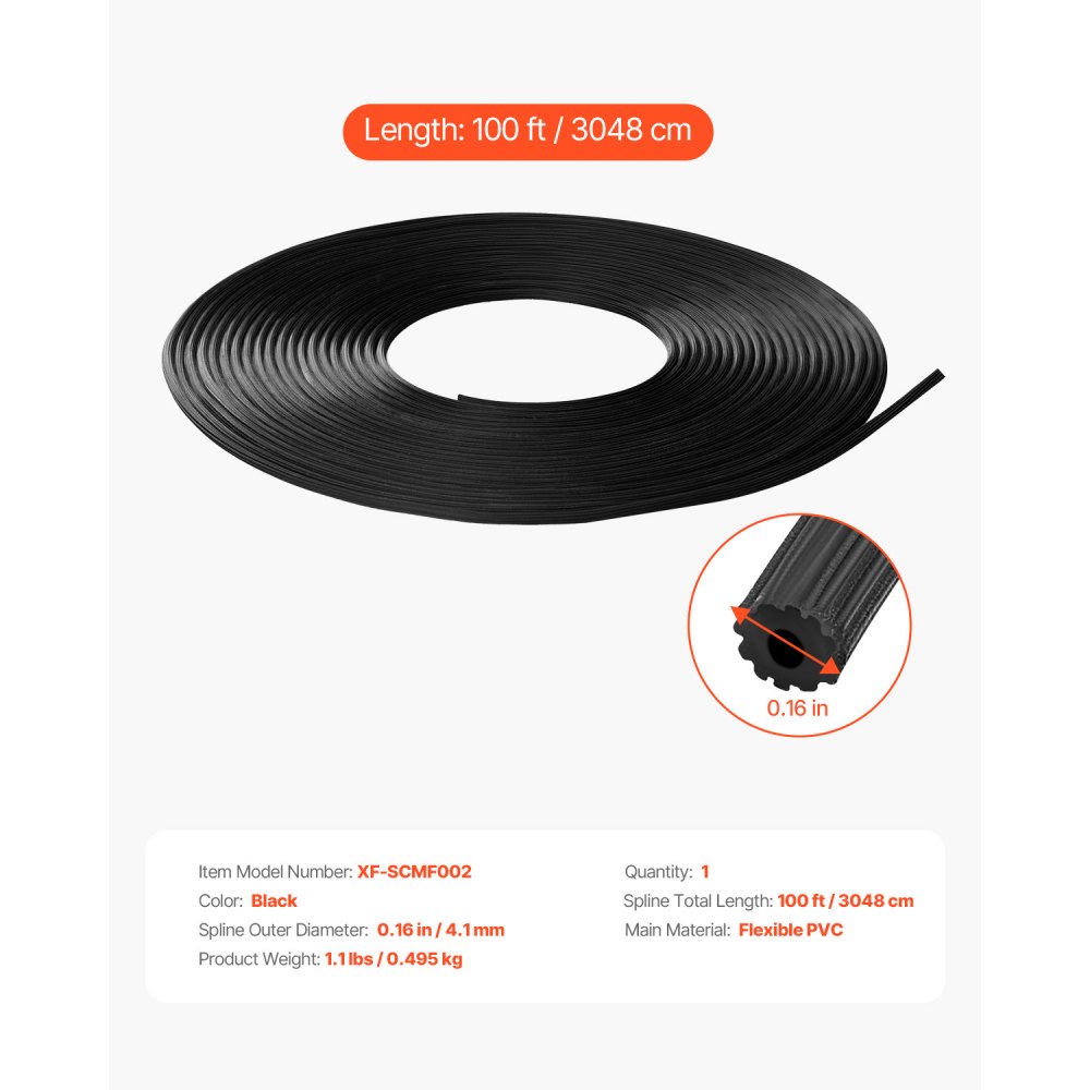 VEVOR Window Screen Spline, 100 ft x 0.16 in Window Screen Retainer Spline, PVC Window and Door Screen Spline, Hollow Serrated Screen Holder Spline, for Window Door Screen Repair and Replacement