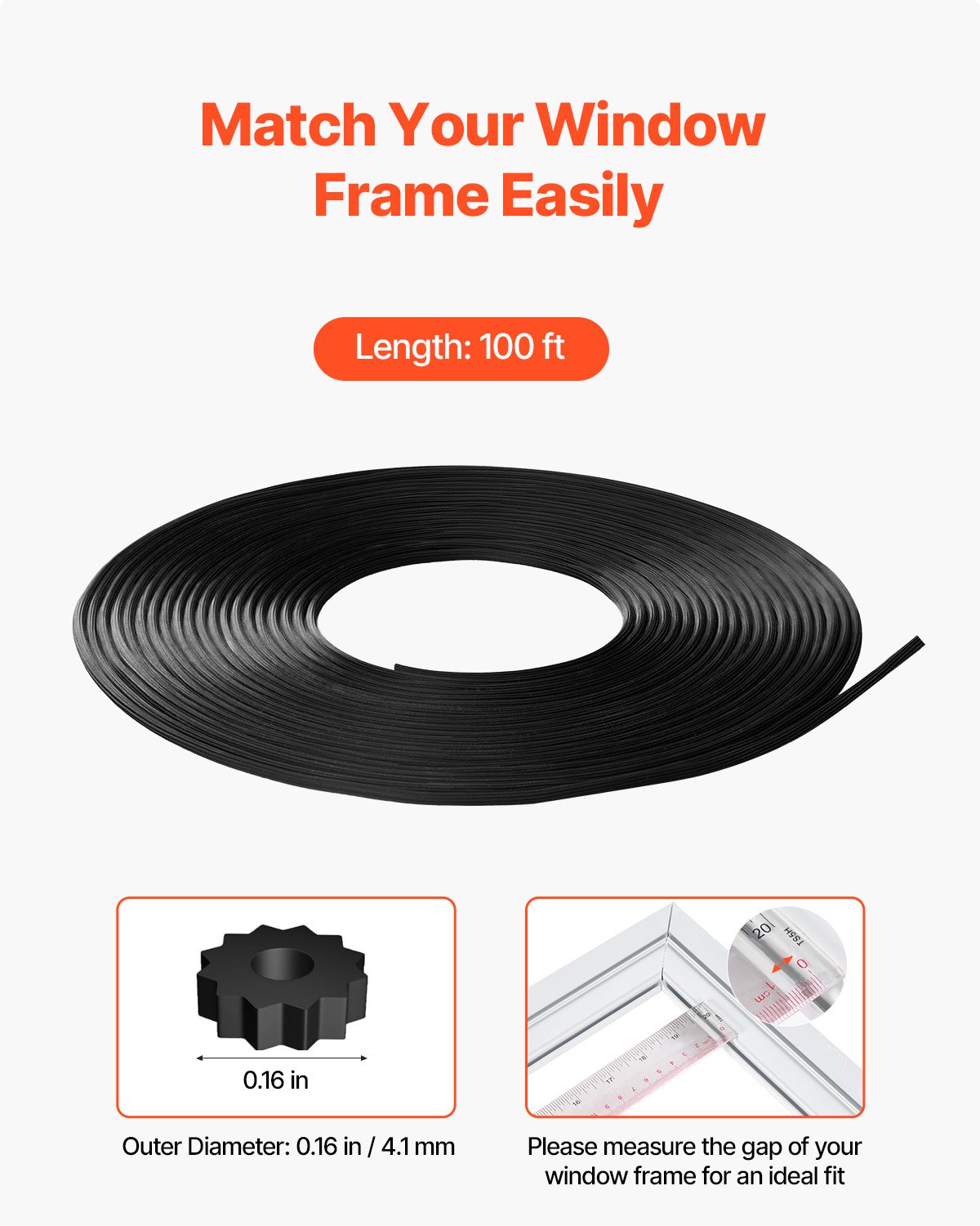 VEVOR Window Screen Spline, 100 ft x 0.16 in Window Screen Retainer Spline, PVC Window and Door Screen Spline, Hollow Serrated Screen Holder Spline, for Window Door Screen Repair and Replacement