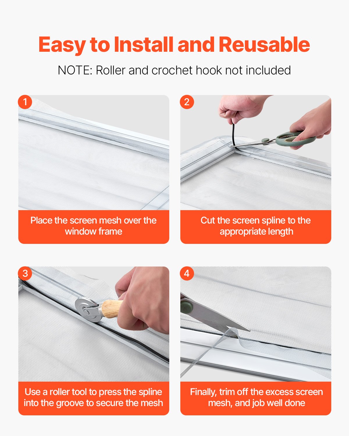 VEVOR Window Screen Spline, 100 ft x 0.16 in Window Screen Retainer Spline, PVC Window and Door Screen Spline, Hollow Serrated Screen Holder Spline, for Window Door Screen Repair and Replacement