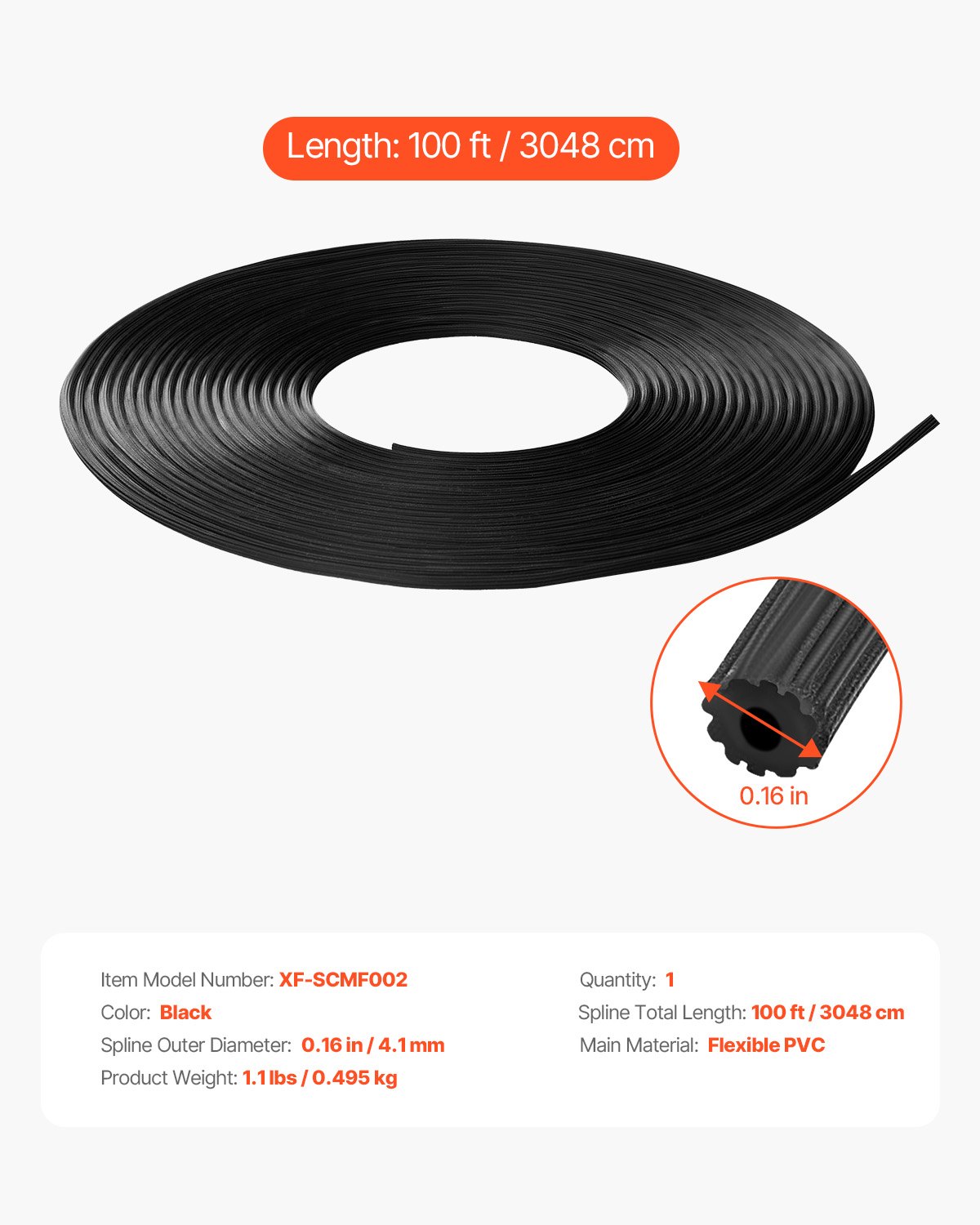 VEVOR Window Screen Spline, 100 ft x 0.16 in Window Screen Retainer Spline, PVC Window and Door Screen Spline, Hollow Serrated Screen Holder Spline, for Window Door Screen Repair and Replacement