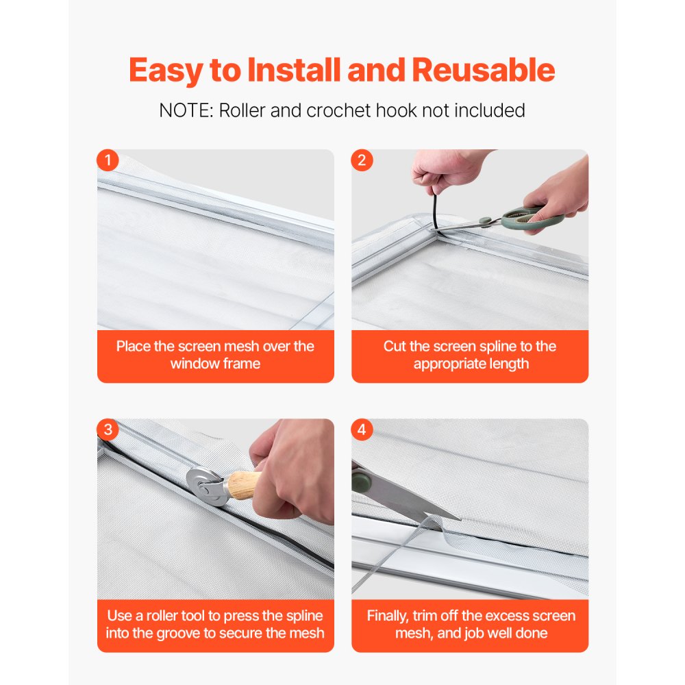 VEVOR Window Screen Spline, 100 ft x 0.125 in Window Screen Retainer Spline, PVC Window and Door Screen Spline, Hollow Serrated Screen Holder Spline, for Window Door Screen Repair and Replacement