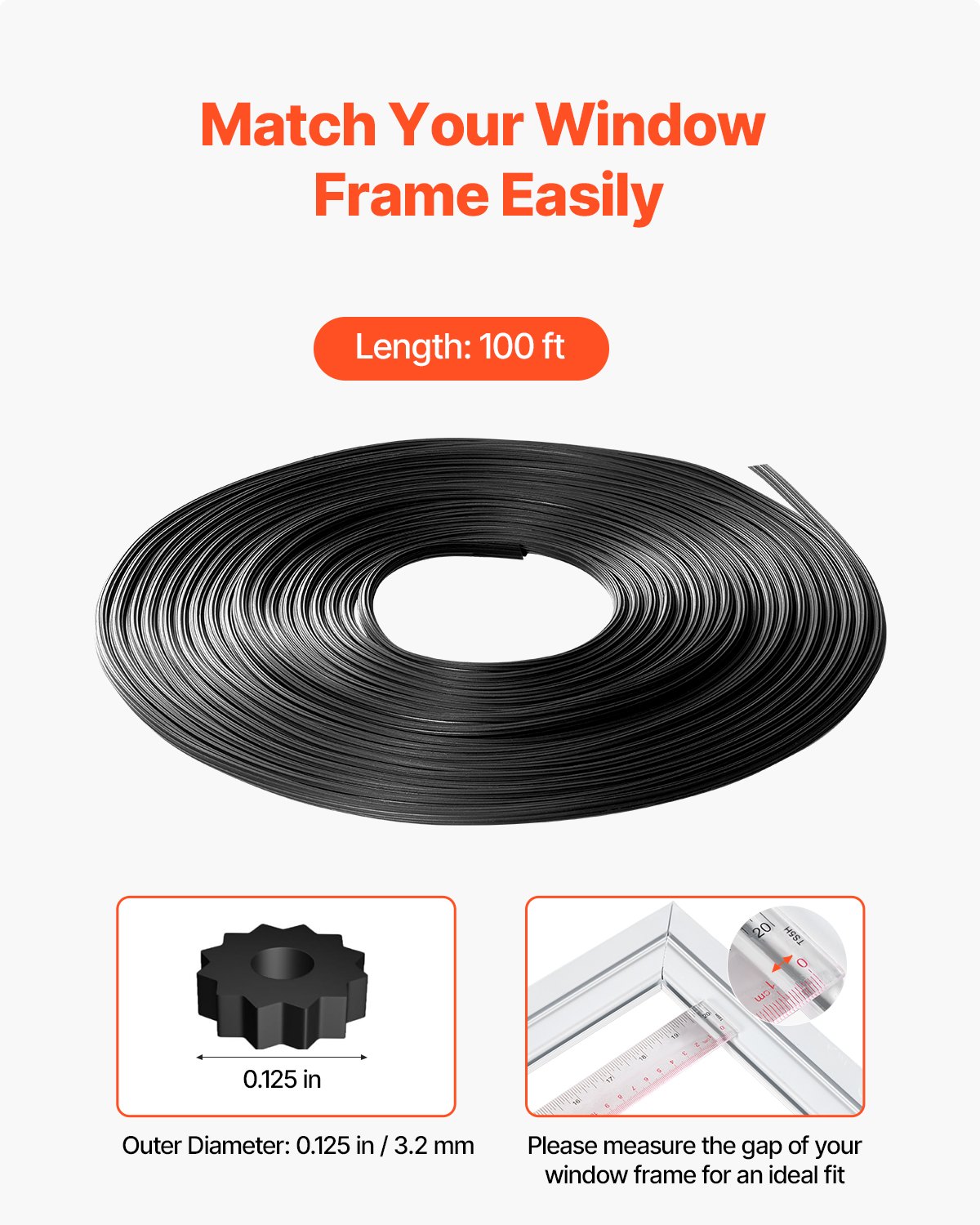VEVOR Window Screen Spline, 100 ft x 0.125 in Window Screen Retainer Spline, PVC Window and Door Screen Spline, Hollow Serrated Screen Holder Spline, for Window Door Screen Repair and Replacement