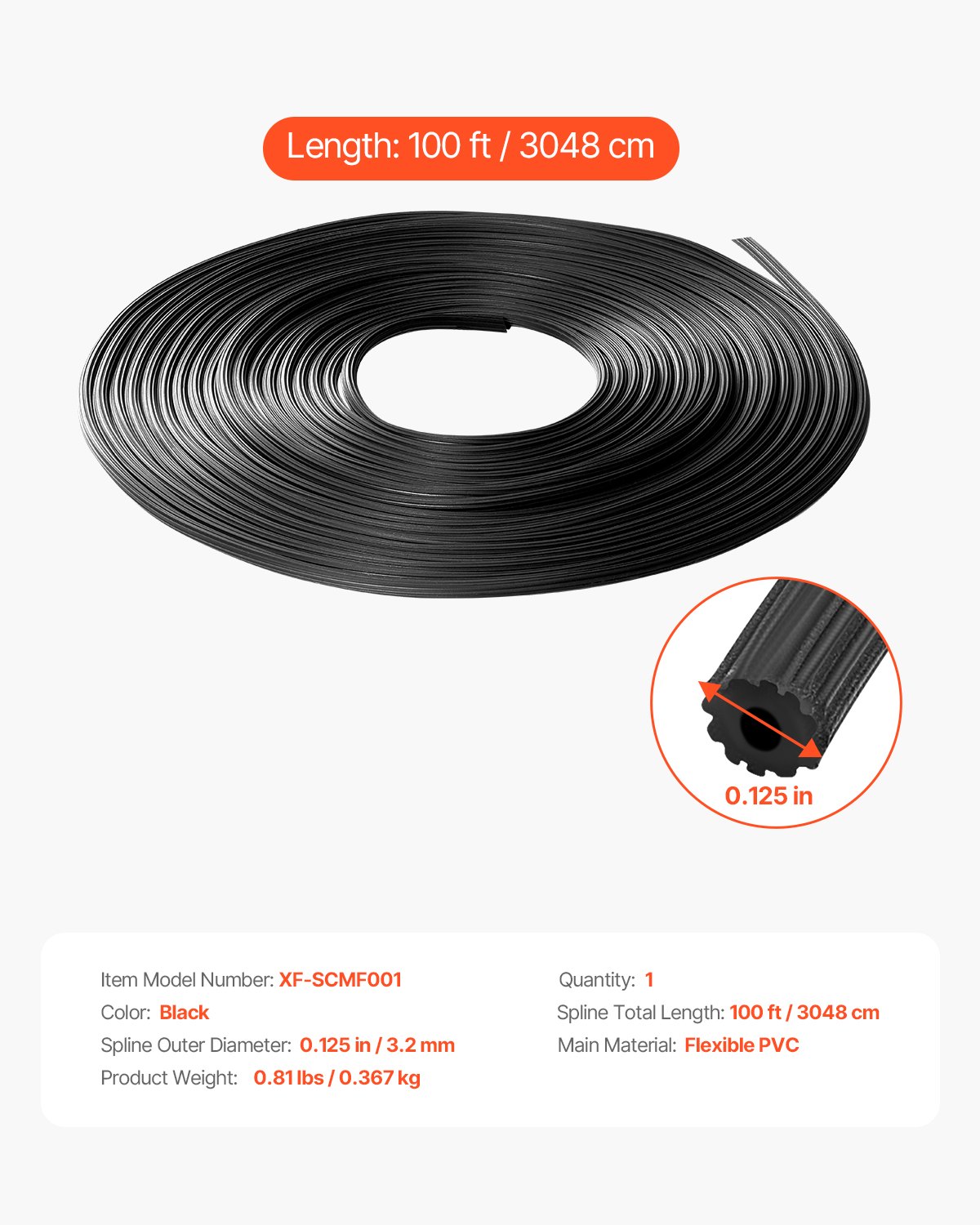 VEVOR Window Screen Spline, 100 ft x 0.125 in Window Screen Retainer Spline, PVC Window and Door Screen Spline, Hollow Serrated Screen Holder Spline, for Window Door Screen Repair and Replacement