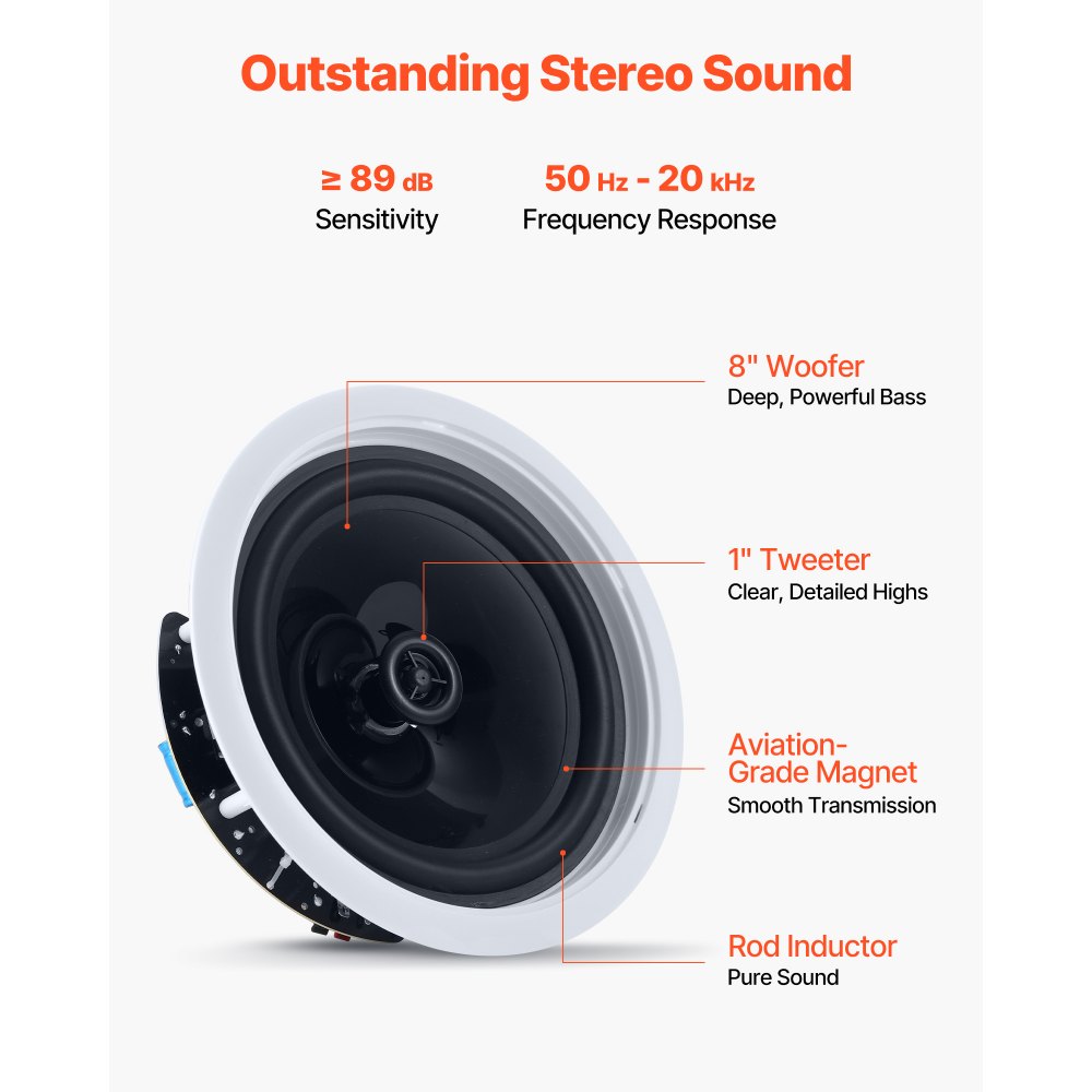 VEVOR Bluetooth Ceiling Speakers, 8", In Ceiling & In-Wall Speaker System with Amplifier, 2-Way Flush Mount Speakers, for Damp Humid Placement, Home Theater, Living Room, or Covered Patio, 1 Pair