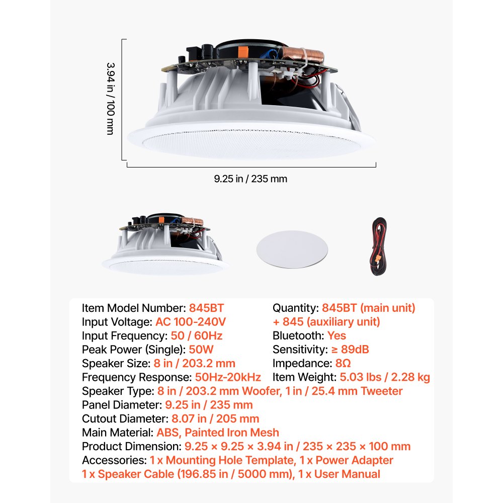 VEVOR Bluetooth Ceiling Speakers, 203.2mm, In Ceiling & In-Wall Speaker System with Amplifier, 2-Way Flush Mount Speakers, for Damp Humid Placement, Home Theater, Living Room, or Covered Patio, 1 Pair
