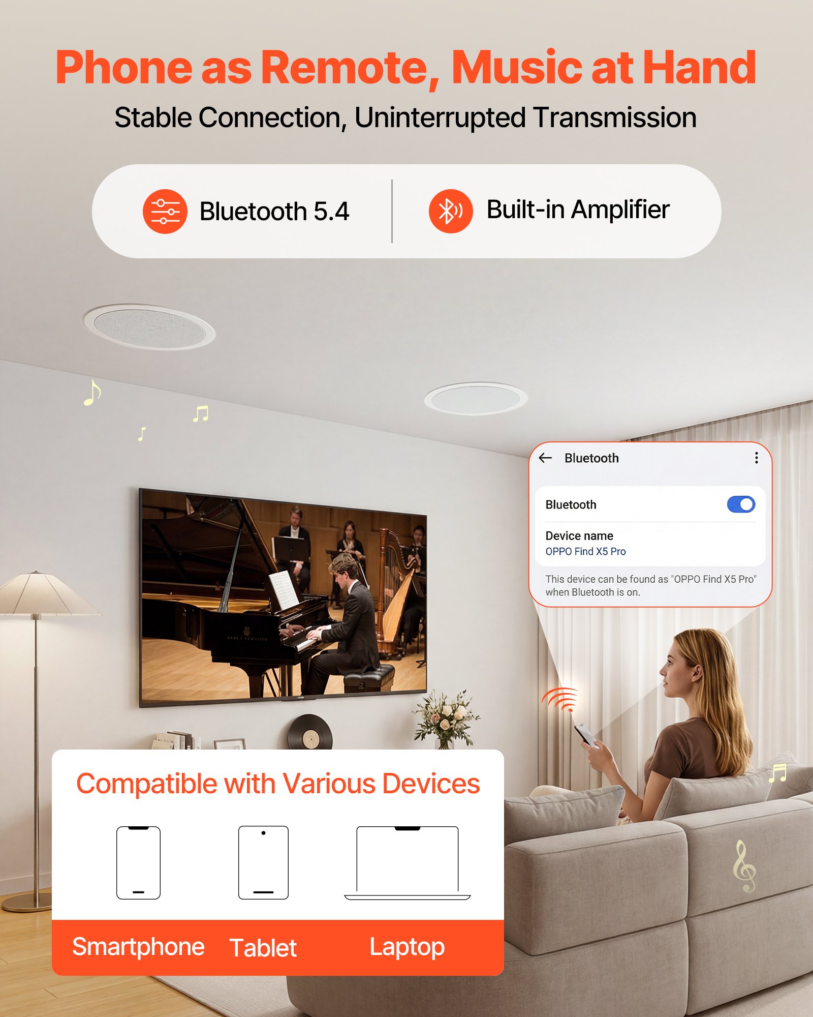 VEVOR Bluetooth Ceiling Speakers, 203.2mm, In Ceiling & In-Wall Speaker System with Amplifier, 2-Way Flush Mount Speakers, for Damp Humid Placement, Home Theater, Living Room, or Covered Patio, 1 Pair