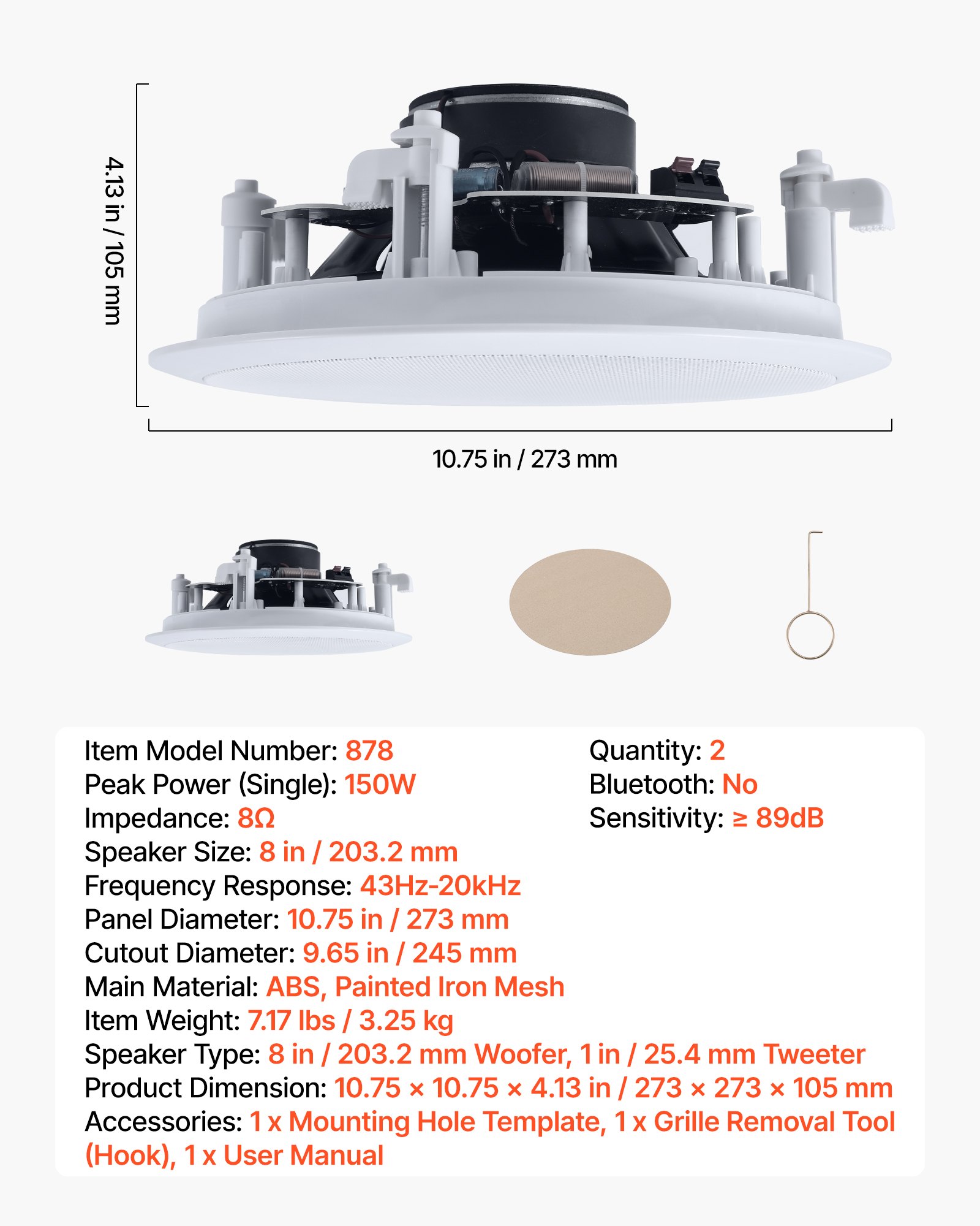 VEVOR In Ceiling Speakers, 8", In-Ceiling & In-Wall Speaker System, Hi-Fi Sound, 150W Peak, 2-Way Flush Mount Speakers, for Damp Humid Placement, Home Theater, Living Room, or Covered Patio, 1 Pair
