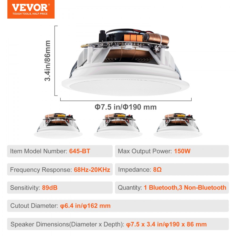 VEVOR 4 PCs 6.5"/16.5 cm Bluetooth Ceiling Speakers 150W Flush Mount in-Wall Speaker