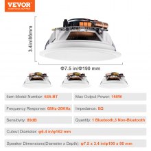 VEVOR 4 PCs 165.1 mm Bluetooth in Ceiling Speakers, 150W, Flush Mount Ceiling & in-Wall Speaker System with 8ΩImpedance 89dB Sensitivity, for Home Kitchen Living Room Bedroom or Covered Porches