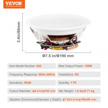 VEVOR 6.5 Inch in Ceiling Speakers, 150-Watts, Flush Mount Ceiling & in-Wall Speakers System with 8ΩImpedance 89dB Sensitivity, for Home Kitchen Living Room Bedroom or Covered Outdoor Porches, Single