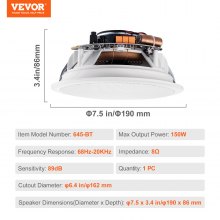 VEVOR 6.5'' Bluetooth in Ceiling Speakers, 150W, Flush Mount Ceiling & in-Wall Speaker System with 8ΩImpedance 89dB Sensitivity, for Home Kitchen Living Room Bedroom or Covered Outdoor Porches, Single