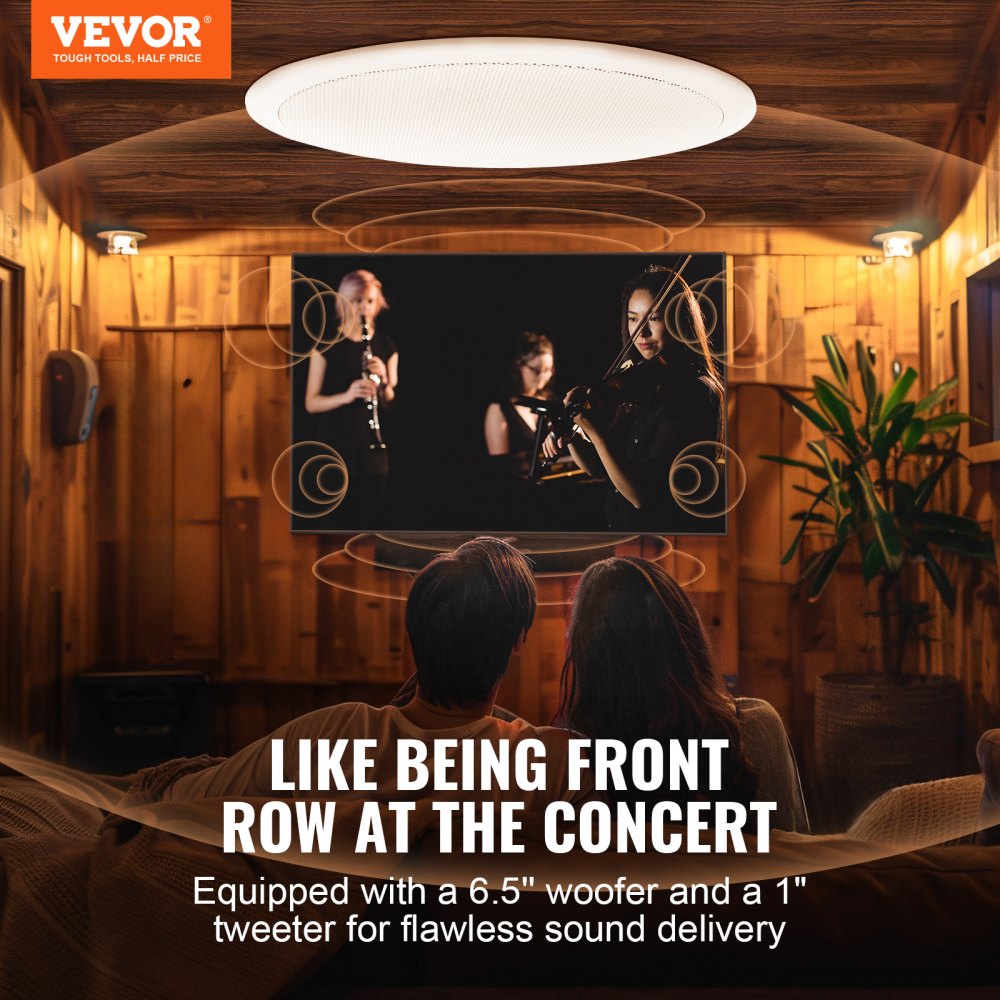 VEVOR 6.5" Bluetooth in Ceiling Speakers, 150W, Flush Mount Ceiling & in-Wall Speaker System with 8ΩImpedance 89dB Sensitivity, for Home Kitchen Living Room Bedroom or Covered Outdoor Porches, Single