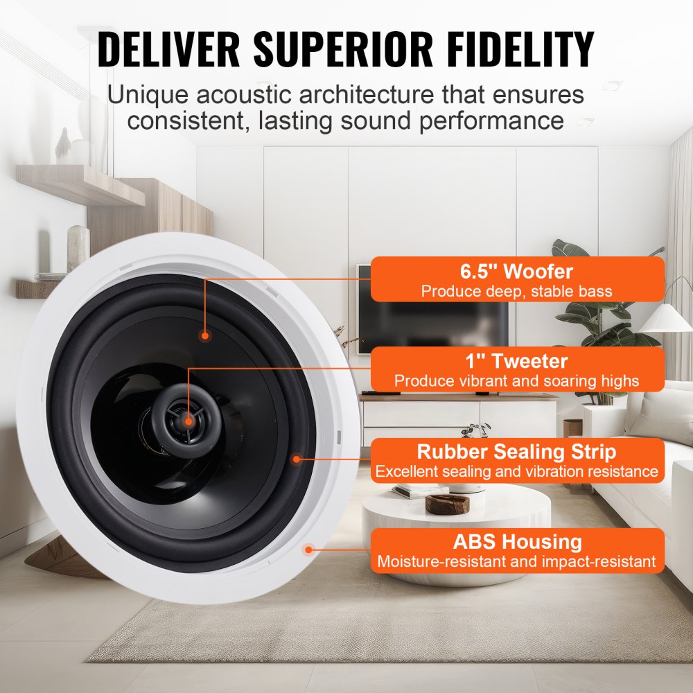VEVOR 6.5" Bluetooth in Ceiling Speakers, 150W, Flush Mount Ceiling & in-Wall Speaker System with 8ΩImpedance 89dB Sensitivity, for Home Kitchen Living Room Bedroom or Covered Outdoor Porches, Single