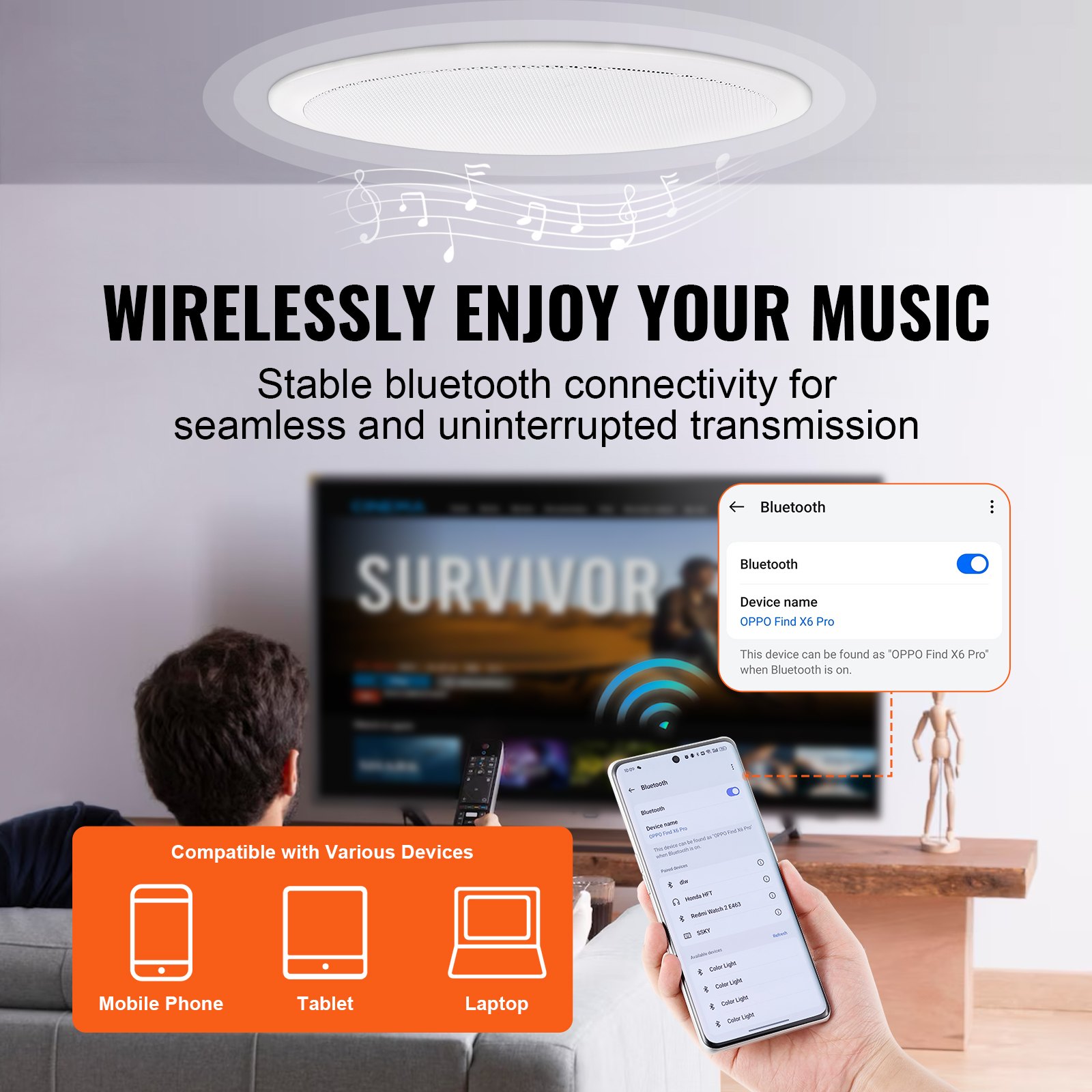 VEVOR 6.5" Bluetooth in Ceiling Speakers, 150W, Flush Mount Ceiling & in-Wall Speaker System with 8ΩImpedance 89dB Sensitivity, for Home Kitchen Living Room Bedroom or Covered Outdoor Porches, Single