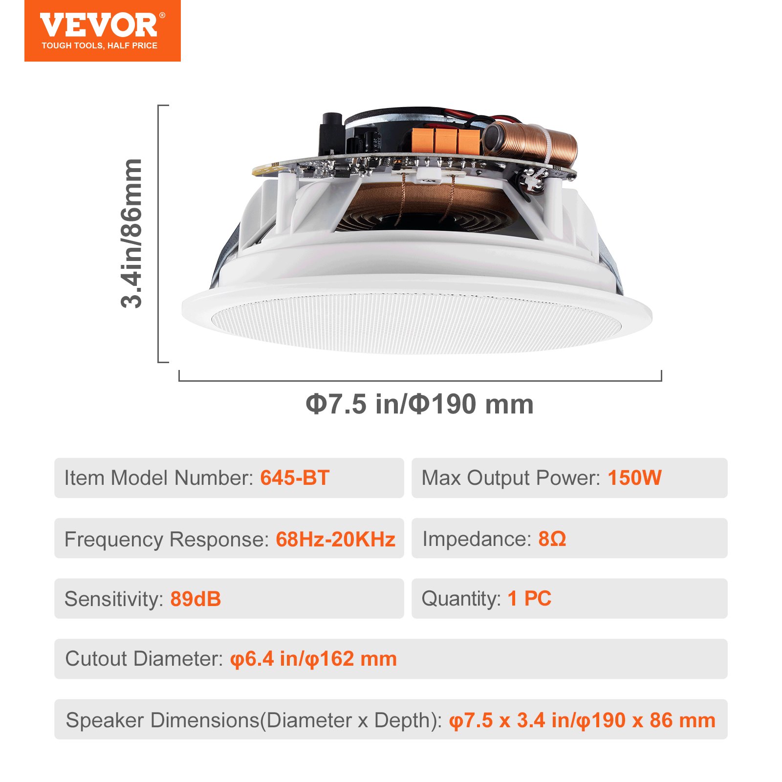VEVOR 6.5" Bluetooth in Ceiling Speakers, 150W, Flush Mount Ceiling & in-Wall Speaker System with 8ΩImpedance 89dB Sensitivity, for Home Kitchen Living Room Bedroom or Covered Outdoor Porches, Single