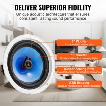VEVOR 2 PCs 8 Inch in Ceiling Speakers, 50-Watts, Flush Mount Ceiling & in-Wall Speakers System with 8ΩImpedance 89dB Sensitivity, for Home Kitchen Living Room Bedroom or Covered Outdoor Porches