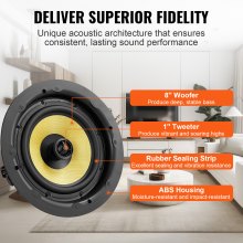 VEVOR 203.2 mm in Ceiling Speakers, 200-Watts, Flush Mount Ceiling & in-Wall Speakers System with 8ΩImpedance 89dB Sensitivity, for Home Kitchen Living Room Bedroom or Covered Outdoor Porches, Single