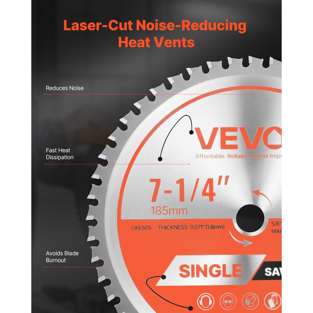 VEVOR Circular Saw Blade, 185 mm Diameter, 48 Sharp Alloy Teeth, 15.875 mm Arbor, Fine Finish, Metal Cutting Blade for Circular Saw, with Noise-Reducing Heat Vents, for Cutting Steel and Aluminum