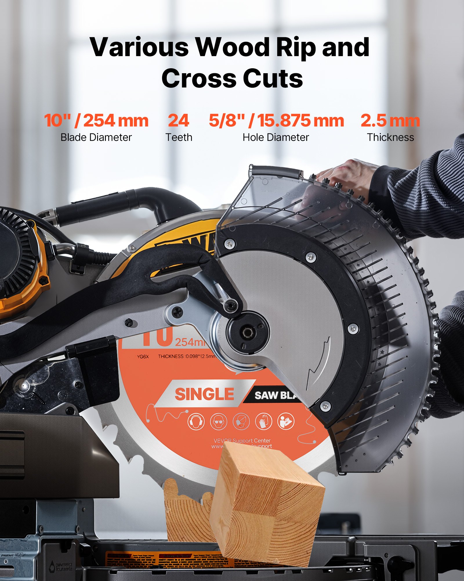 VEVOR Circular Saw Blade, 254 mm Diameter, 24 Sharp Alloy Teeth, 15.875 mm Arbor, Fine Finish, Wood Cutting Blade for Circular Saw, with Noise-Reducing Heat Vents, for Cutting Plywood, OSB, Hardwood