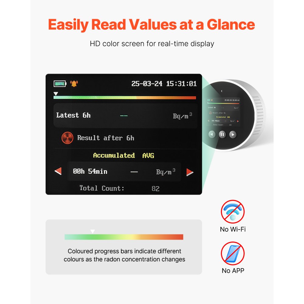 VEVOR Radon Detector for Home, 3.3Bq/m³ to 37kBq/m³, Portable Battery Powered Radon Meter & Air Quality Monitor, Color Display, Long-Term Radon Concentration Monitoring, Rechargeable or Wired Use