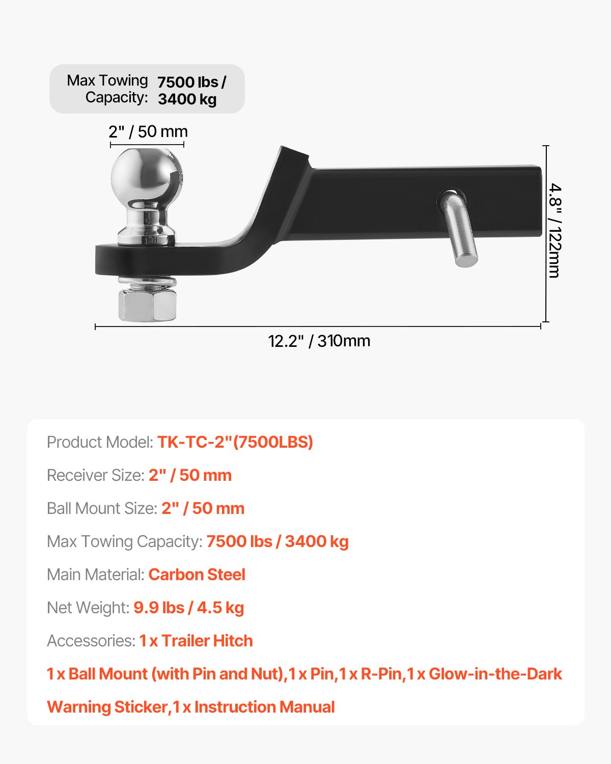 VEVOR Trailer Hitch, Fits 50 mm Receiver, Trailer Hitch Ball Mount with 50 mm Ball and Pin, 3400 kg Towing Capacity Ball Hitch, 50 mm Drop, Tow Hitch for Heavy Duty Truck with Carbon Steel, Black