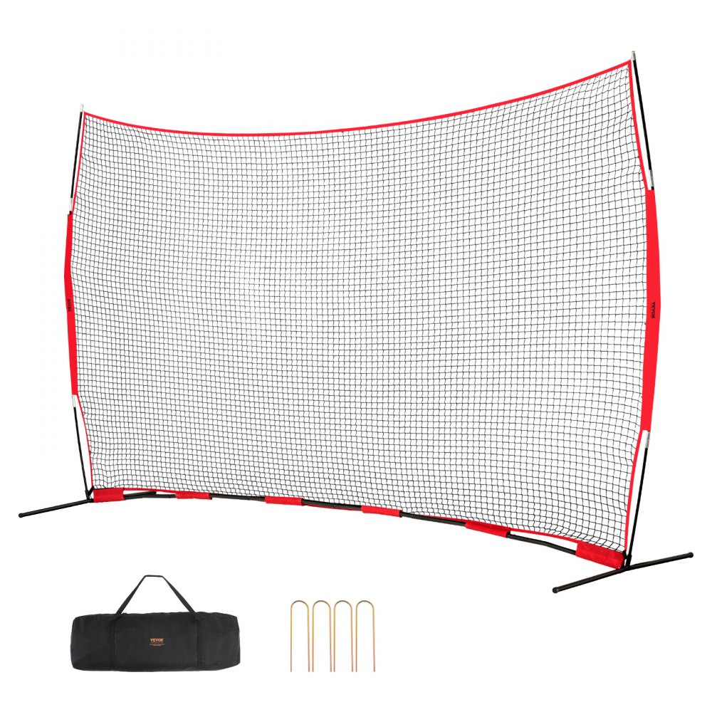 VEVOR barricade net with sturdy frame, black mesh, red trim, foldable stand, carry bag, and metal stakes.