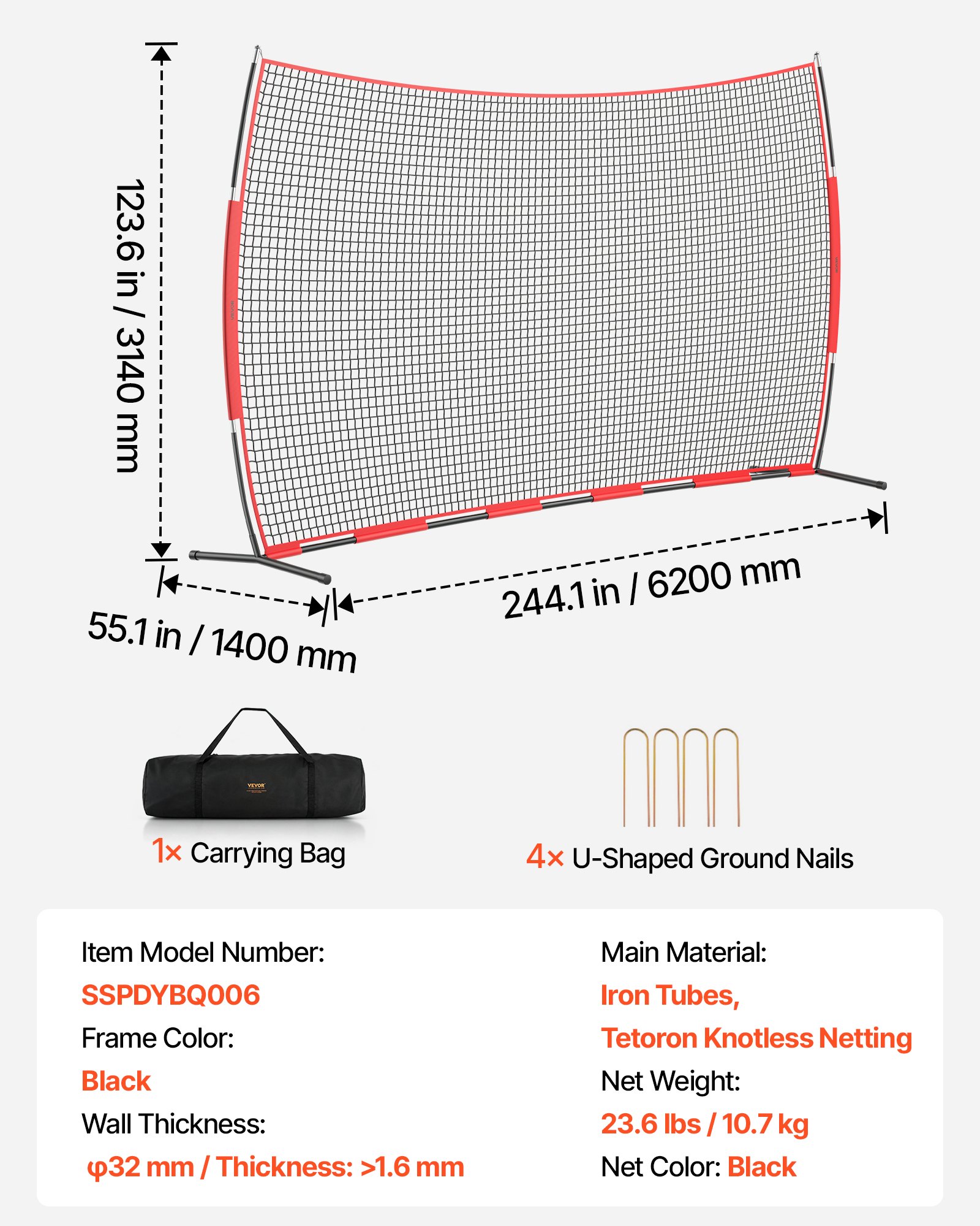 VEVOR Barricade Backstop Net, 20x10 ft Ball Sports Barrier Netting, Portable Practice Equipment with Carry Bag, Protection Screen for Baseball Softball Lacrosse Soccer Hockey Training, for Backyard