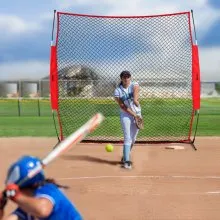 VEVOR Barricade Backstop Net, 7x7 ft Ball Sports Barrier Netting, Portable Practice Equipment with Carry Bag, Protection Screen for Baseball Softball Lacrosse Soccer Hockey Training, for Backyard