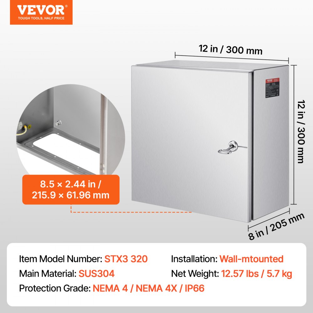 VEVOR NEMA Stainless Steel Enclosure, 300 x 300 x 200 mm NEMA 4X Steel Electrical Box, IP66 Waterproof & Dustproof, Outdoor/Indoor Electrical Junction Box, with Mounting Plate