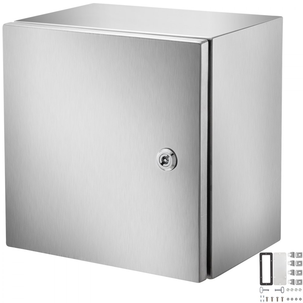 VEVOR nema stainless steel enclosure with locking mechanism and mounting accessories.