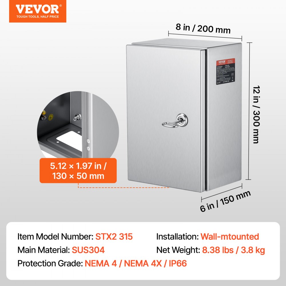 VEVOR NEMA Stainless Steel Enclosure, 12 x 8 x 6\'\' NEMA 4X Steel Electrical Box, IP66 Waterproof & Dustproof, Outdoor/Indoor Electrical Junction Box, with Mounting Plate
