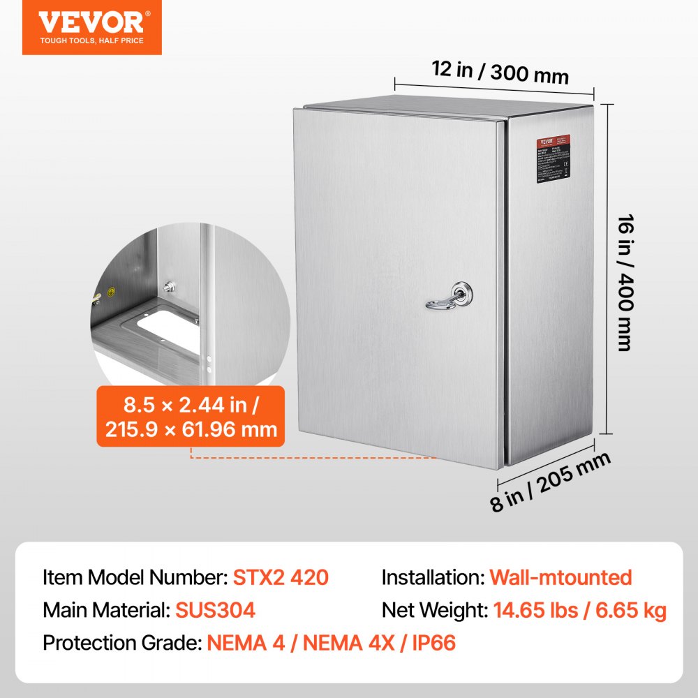 VEVOR NEMA Stainless Steel Enclosure, 16 x 12 x 8\'\' NEMA 4X Steel Electrical Box, IP66 Waterproof & Dustproof, Outdoor/Indoor Electrical Junction Box, with Mounting Plate