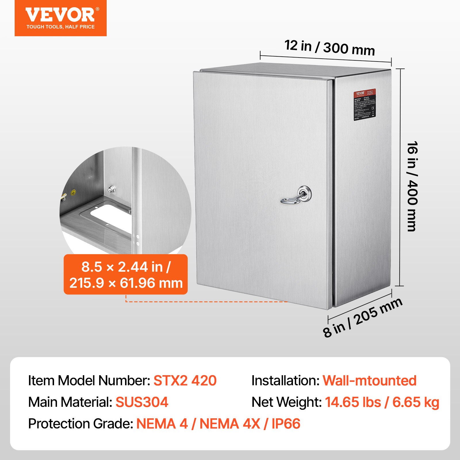 VEVOR NEMA Stainless Steel Enclosure, 16 x 12 x 8\'\' NEMA 4X Steel Electrical Box, IP66 Waterproof & Dustproof, Outdoor/Indoor Electrical Junction Box, with Mounting Plate