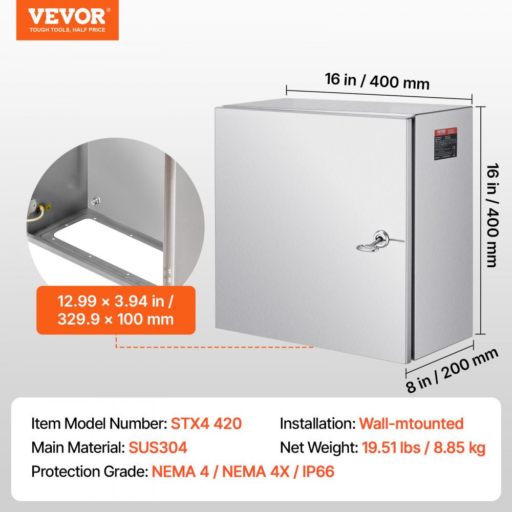 VEVOR NEMA Stainless Steel Enclosure, 16 x 16 x 8\'\' NEMA 4X Steel Electrical Box, IP66 Waterproof & Dustproof, Outdoor/Indoor Electrical Junction Box, with Mounting Plate
