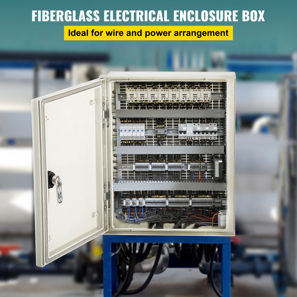 VEVOR fiberglass electrical enclosure with open door displaying detailed wiring.