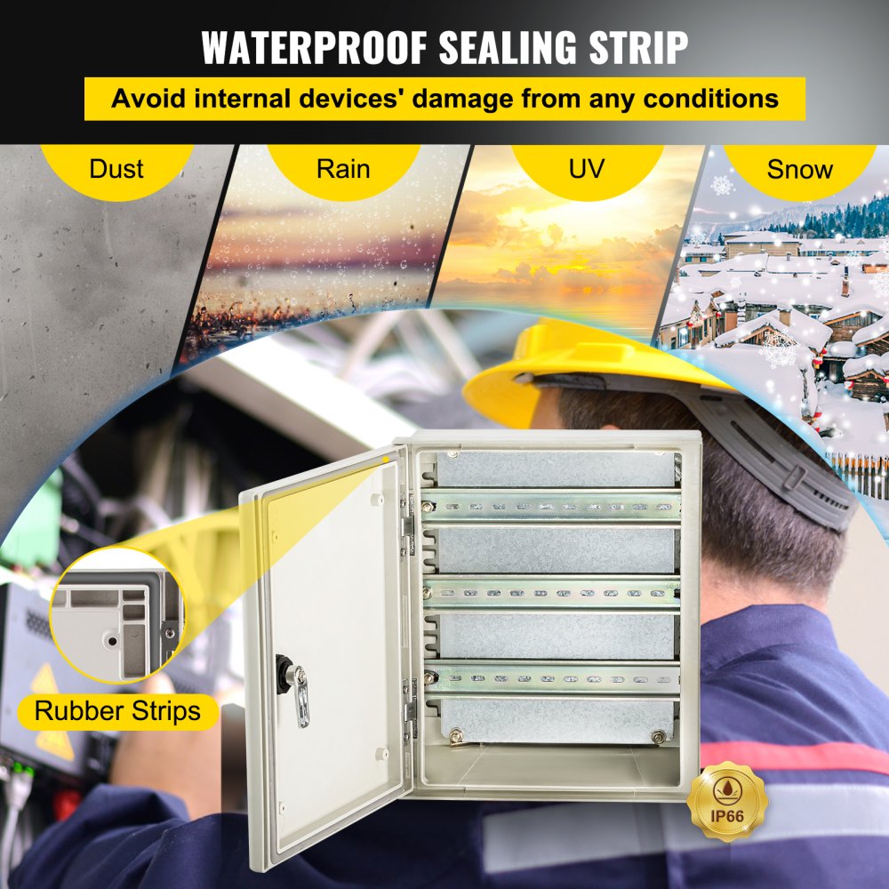 VEVOR fiberglass electrical enclosure with waterproof sealing strips for all conditions.
